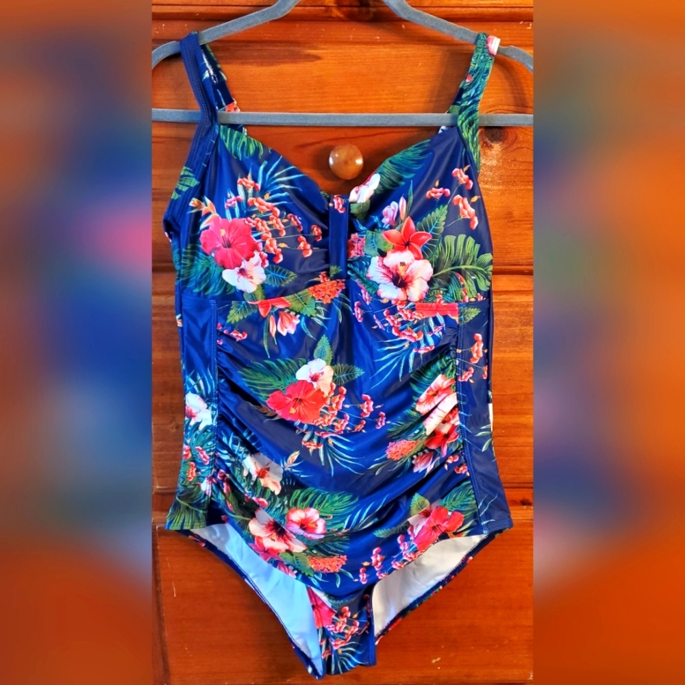 Women's high cut full coverage, blue floral,  one piece swimsuit. Size XL